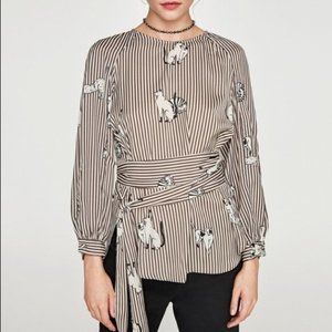 Zara Brown and White Wrap Blouse with Long Sleeves